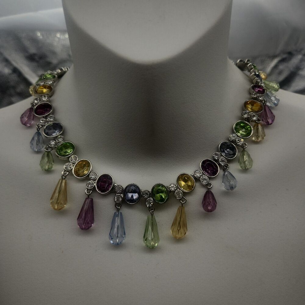 Necklace Crystal Multi Color Round And Oval Bezel Signed Arnold Scaasi Vintage